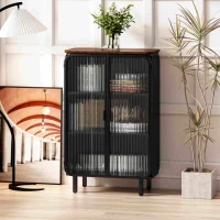 28.35" Glass Doors Modern Two-Door Cabinet with Three-Tier Storage and Fir Wood Top for Entryway, Living Room, Home Office, Dining Room, Black+Brown(m-1)