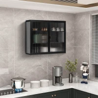 27.56" Modern Two-Door Wall Cabinet with Three-Tier Storage, Fluted Tempered Glass Doors, and Adjustable Shelves for Entryway, Living Room, Bathroom, Dining Room, Black(m-1)