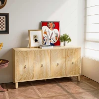 Vintage 4 Door Storage Cabinet, Carved Scatter Pattern Dining Sideboard, Large Buffet with Adjustable Shelves, Multifunctional Accent Cabinet, 59.84" x 15.75" x 31.89", Natural(m-1)