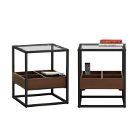 17.72" Modern Glass Coffee Table Set of 2, Nightstand with Storage Shelf and Metal Legs for Bedroom, Living Room, 17.72" L x 17.72" W x 21.65" H, Black(m-2)