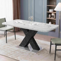 Modern Square Dining Table, Stretchable White Marble Table Top, MDF Black X-Shape Legs with Metal Base, 62.99"L x 31.5"W x 30.12"H, White+Black(m-1)