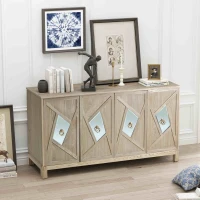 Modern 4-Door Cabinet with Mirrored Decorative Doors, Ample Storage, Solid Wood Legs, Easy Assembly, 59.84"L x 15.75"W x 31.89"H, Wood(m-5)