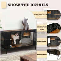Spacious Cat House with Tempered Glass, Modern Style, Sturdy Fir Wood and Iron Frame, 55.12"L x 22.83"W x 29.92"H, Black+Brown(m-4)