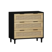 31.5" Rattan Storage Cabinet with 3 Drawers, Modern Design, MDF and Real Wood Legs, Metal Handles, Anti-Tip Safety, for Bedroom, Living Room, Hallways, Black(m-2)
