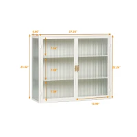 27.56" Modern Two-Door Wall Cabinet with Three-Tier Storage, Fluted Tempered Glass Doors, and Adjustable Shelves for Entryway, Living Room, Bathroom, Dining Room, White(m-3)