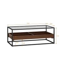 47.24" Rectangle Glass Coffee Table with Storage Shelf and Metal Legs, Tempered Glass Surface, Easy Assembly, 47.24" x 23.62" x 17.72", Black(m-3)