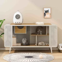 Spacious Cat House with Tempered Glass, Modern Style, Sturdy Fir Wood and Iron Frame, 55.12"L x 22.83"W x 29.92"H, White(m-5)
