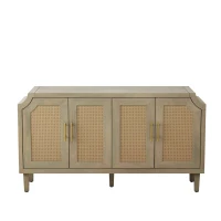 Modern 4-Door Cabinet with Rattan Decorative Doors, Adjustable Shelves, and Ample Storage, 59.84"L x 15.75"W x 32.68"H, Easy Assembly, Natural(m-10)