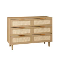 6-Drawer Rattan Dresser, Modern Natural Design with Ample Storage, Smooth Guide Rails, and Multi-Purpose Use, 43.31" x 15.75" x 29.45", Oak(m-10)