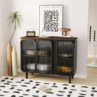 40.94" Glass Doors Modern Three-Door Cabinet with Two-Tier Storage and Fir Wood Top for Entryway, Living Room, Home Office, Dining Room, Black+Brown(m-5)