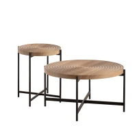 Modern Thread Design Round Coffee Table Set of 2, MDF Table Top with Cross Legs Metal Base, 20.47" and 33.07", Natural(m-2)