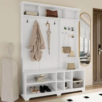 Hall Tree with Shoe Bench, Coat Rack, Storage Shelves, and Pegboard, 57.48"L x 14.96"W x 77.17"H, White(m-7)