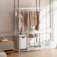 Portable Wardrobe Clothes Rack, Freestanding Clothing Rack with Bottom Mesh Storage and Oxford Cloth Bag, 47.24"L x 15.75"W x 72.05"H, White(m-6)