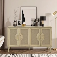 Elegant Vintage 4-Door Cabinet with Linen Decorated Doors, Adjustable Shelves, and Half-Moon Handles, 59.84"L x 15.75"W x 32.68"H, Easy Assembly, Natural(m-4)