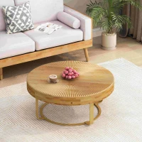 Modern Round Coffee Table, Wooden Carving Pattern with Metal Legs, Pine and MDF, 31.5"x31.5"x13.78", Natural+Gold(m-4)