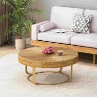 Modern Round Coffee Table, Wooden Carving Pattern with Metal Legs, Pine and MDF, 31.5"x31.5"x13.78", Natural+Gold(m-1)