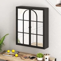 Vintage Two Door Wall Cabinet with Mirror, Three-Level Storage Space, Retro Style, Iron and Glass, 23.62"L x 5.91"W x 27.56"H, Black(m-5)