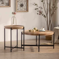 Modern Thread Design Round Coffee Table Set of 2, MDF Table Top with Cross Legs Metal Base, 20.47" and 33.07", Natural(m-5)