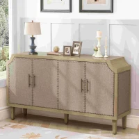 Retro Industrial Style 4-Door Cabinet with Rivet Decor, Linen Doors, Adjustable Shelves, Easy Assembly, 59.84"L x 15.75"W x 32.68"H, Natural(m-1)