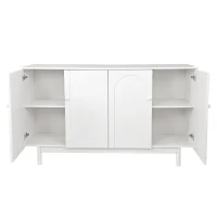 Stylish 4-Door Intaglio Storage Cabinet with Pine Legs, Solid Wood Pulls, Adjustable Shelves, 59.06"L x 15.75"W x 32.43"H, White(m-9)