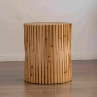 Retro Cylindrical Coffee Table Set of 2 with Vertical Texture Relief Design, No Assembly Required, MDF and Fir Wood, 20.47" and 31.5", Natural(m-5)