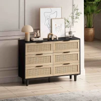 43.31" 6-Drawer Rattan Storage Cabinet, Modern Design with Natural Rattan Drawers, High-Quality Chipboard, Ample Storage for Bedroom and Living Room, Black(m-1)