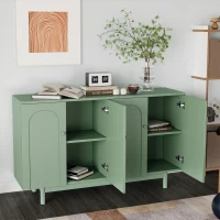 4-Door Intaglio Storage Cabinet with Pine Legs, Solid Wood Pulls, Adjustable Shelves, and MDF, 59.06"L x 15.75"W x 32.43"H, Mint Green(m-5)