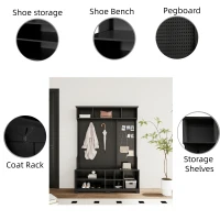 Hall Tree with Shoe Bench, Coat Rack, Storage Shelves, Pegboard, and Shoe Storage, 57.48"L x 14.96"W x 77.17"H, Black(m-4)