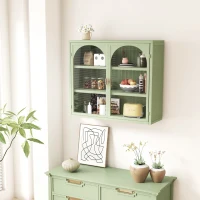 27.56" Glass Doors Modern Two-Door Wall Cabinet with Three-Tier Storage, Woven Pattern, Iron and Tempered Glass for Dining Room, Bathroom, 27.56"L x 9.06"W x 23.62"H, Green(m-4)