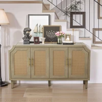 Modern 4-Door Cabinet with Rattan Decorative Doors, Adjustable Shelves, and Ample Storage, 59.84"L x 15.75"W x 32.68"H, Easy Assembly, Natural(m-4)