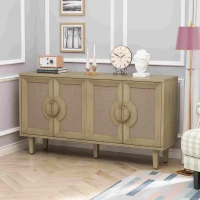 Elegant Vintage 4-Door Cabinet with Linen Decorated Doors, Adjustable Shelves, and Half-Moon Handles, 59.84"L x 15.75"W x 32.68"H, Easy Assembly, Natural(m-1)