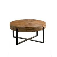 33.86" Modern Retro Splicing Round Coffee Table, Fir Wood Table Top with Black Cross Legs Base, Easy Assembly and Maintenance, 17.72" Height, Black+Natural(m-2)