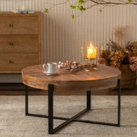 33.86" Modern Retro Splicing Round Coffee Table, Fir Wood Table Top with Black Cross Legs Base, Easy Assembly and Maintenance, 17.72" Height, Black+Natural(m-1)