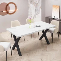 70.87" Modern Square Dining Table with Printed White Marble Table Top, Black X-Shape Legs, and 220 lbs Weight Capacity, White(m-5)
