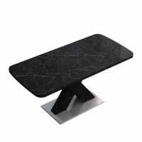 Modern Square Dining Table, Stretchable Printed Black Marble Table Top, MDF X-Shape Legs with Metal Base, 62.99"L x 31.5"W x 30.12"H, Black(m-11)