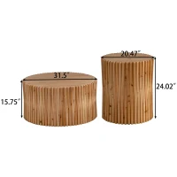 Retro Cylindrical Coffee Table Set of 2 with Vertical Texture Relief Design, No Assembly Required, MDF and Fir Wood, 20.47" and 31.5", Natural(m-3)