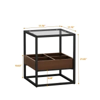 17.72" Modern Glass Coffee Table Set of 2, Nightstand with Storage Shelf and Metal Legs for Bedroom, Living Room, 17.72" L x 17.72" W x 21.65" H, Black(m-3)
