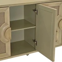 Elegant Vintage 4-Door Cabinet with Linen Decorated Doors, Adjustable Shelves, and Half-Moon Handles, 59.84"L x 15.75"W x 32.68"H, Easy Assembly, Natural(m-8)
