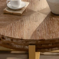 31.29" Modern Retro Splicing Round Coffee Table, Fir Wood Table Top with Gold Cross Legs, Easy Assembly and Maintenance, Gold(m-8)