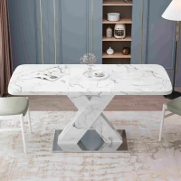 Modern Square Dining Table, Stretchable Printed White Marble Table Top, MDF X-Shape Table Leg with Metal Base, 62.99"L x 31.5"W x 30.12"H, White(m-4)