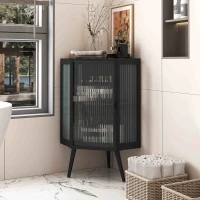 22.25" Floor Corner Cabinet with Tempered Glass Door & Storage Shelves for Bathroom, Living Room, Bedroom, Easy Assembly, 31.5" H, Black(m-5)