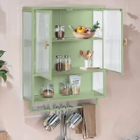 23.62" Modern Two-Door Wall Cabinet with Two-Tier Enclosed Storage, Open Shelf, and Towel Rack, Iron and Tempered Glass for Living Room, Dining Room, Bathroom, 23.62"L x 9.06"W x 30.71"H, Green(m-4)