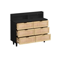 43.31" 6-Drawer Rattan Storage Cabinet with LED Lights and Power Outlet, Anti-Tip Design, Easy Assembly, 43.31"L x 15.75"W x 37.22"H, Black(m-10)