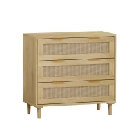 3-Drawer Rattan Storage Cabinet Set of 2, MDF and Solid Wood Legs, Iron Handles, 63" L x 15.55" W x 30.12" H, 52.47 lbs Each, Oak(m-6)