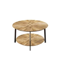 31.5" Round Coffee Table, Wooden Double Layer Coffee Table with Open Storage Space and Metal Legs for Living Room, Bedroom, Natural(m-2)