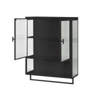 23.62" Modern Wall Cabinet with Glass Doors, Two-Tier Enclosed Storage, Open Shelf, and Towel Rack for Living Room, Dining Room, Bathroom, 23.62"L x 9.06"W x 30.71"H, Black(m-10)