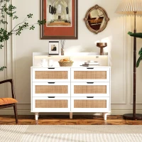43.31" 6-Drawer Rattan Storage Cabinet with LED Lights and Power Outlet, Anti-Tip Design, Easy Assembly, 43.31"L x 15.75"W x 37.22"H, White(m-1)