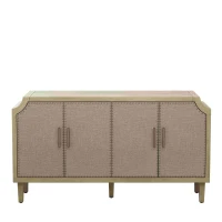 Retro Industrial Style 4-Door Cabinet with Rivet Decor, Linen Doors, Adjustable Shelves, Easy Assembly, 59.84"L x 15.75"W x 32.68"H, Natural(m-10)