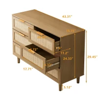 6-Drawer Rattan Dresser, Modern Natural Design with Ample Storage, Smooth Guide Rails, and Multi-Purpose Use, 43.31" x 15.75" x 29.45", Oak(m-3)