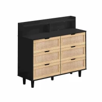 43.31" 6-Drawer Rattan Storage Cabinet with LED Lights and Power Outlet, Anti-Tip Design, Easy Assembly, 43.31"L x 15.75"W x 37.22"H, Black(m-9)